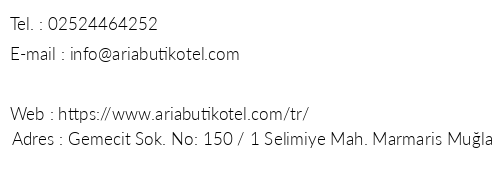 Aria Butik Otel telefon numaralar, faks, e-mail, posta adresi ve iletiim bilgileri